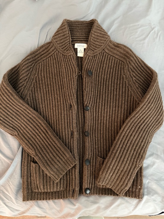 Barneys New York Sweaters - Barneys New York Chocolate Brown Ribbed Button-Up Cardigan